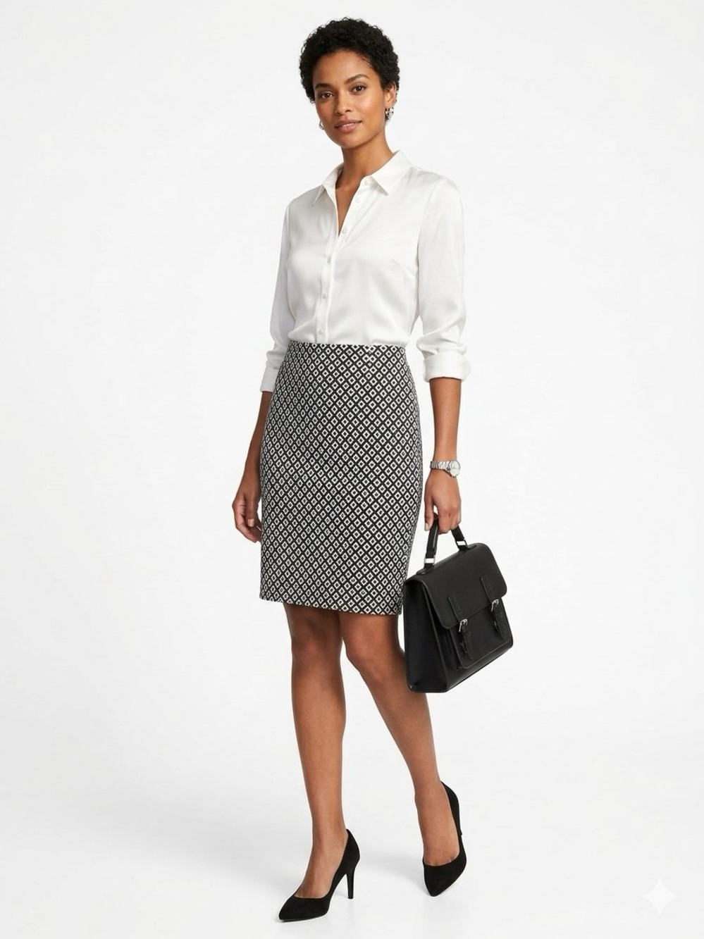 Worthington Black White Geometric Diamond Knit Pencil Skirt 12 Office Corpcore